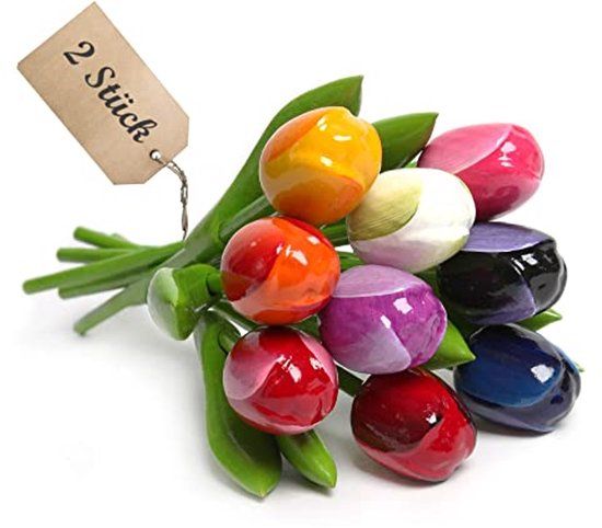 MomoMoments houten tulpenboeket, 2 x 9 tulpen, 21 cm, handbeschilderd, meerkleurig