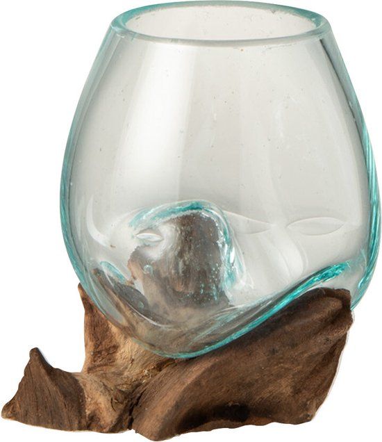 J-Line Vaas Op Voet Gamal Hout Gerecycled Glas Naturel Transparant 25 cm