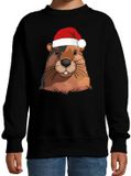 Bellatio Decorations Kersttrui / sweater familie Bever - kinderen - dieren - zwart - kerstmuts - Kerstmis 134/146