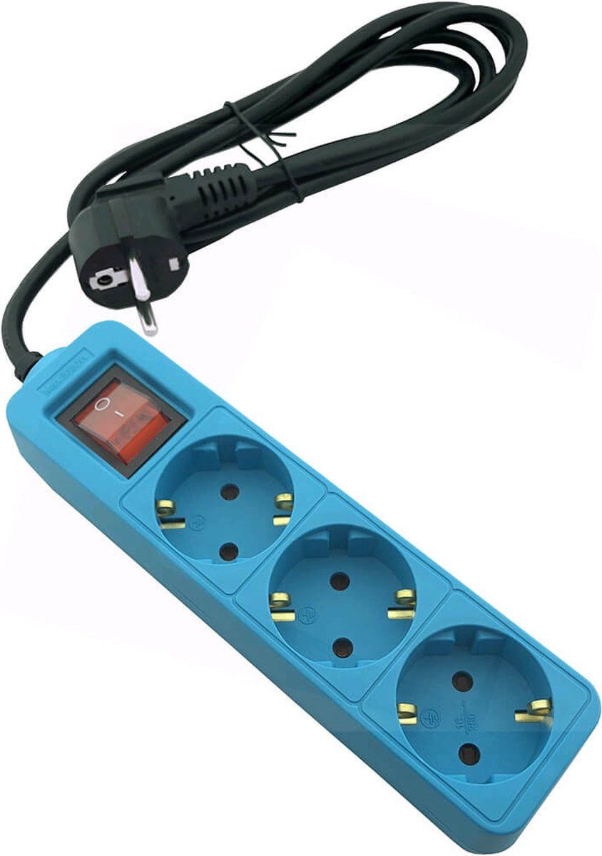 Entac Verlengsnoer met stekkerdoos 3 voudig BLAUW, schakelaar, 1,5 meter snoer