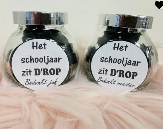 Snoeppotje met tekst: Het schooljaar zit D'ROP bedankt Meester - meester cadeautje - einde schooljaar - meneer cadeautje