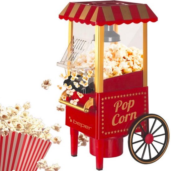 Beper Popcornmachine, popcorn in 3 minuten, geen vet, heteluchtcirculatie, zonder olie, vermogen 1200 W, rood/goud