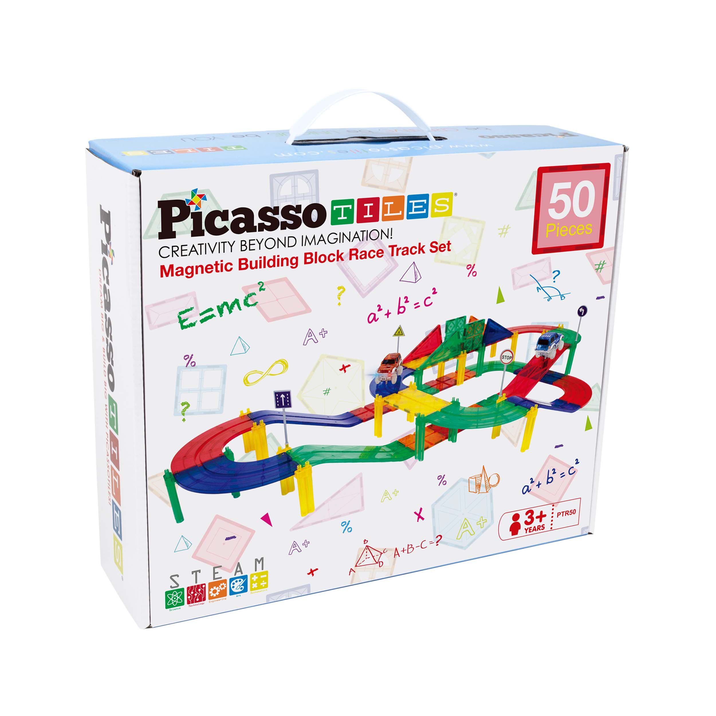 PicassoTiles 50pc Magnetic Race Track Building Blocks - STEM Learning Toy Set