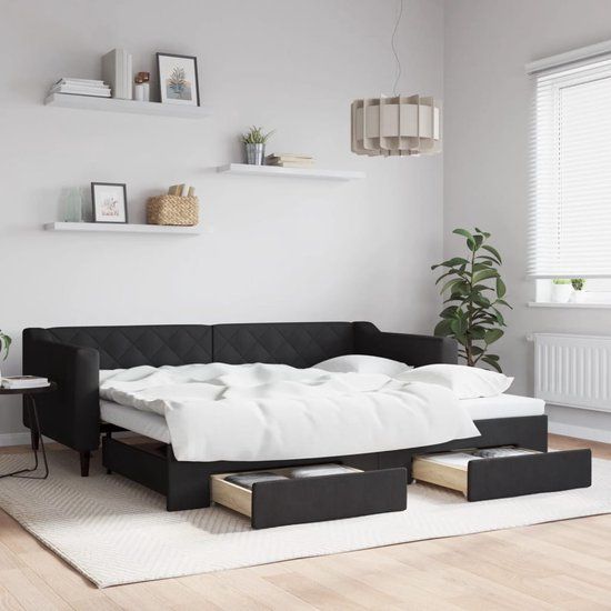 vidaXL Slaapbank met onderschuifbed en lades 90x200 cm stof zwart