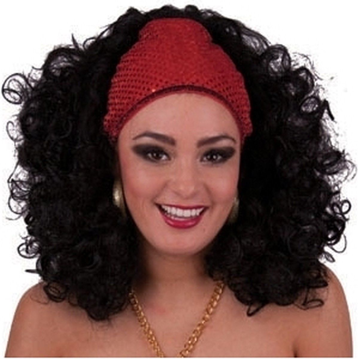 Funny Fashion Zwarte damespruik met krullen en glitter band - Synthetisch - 8712364575460