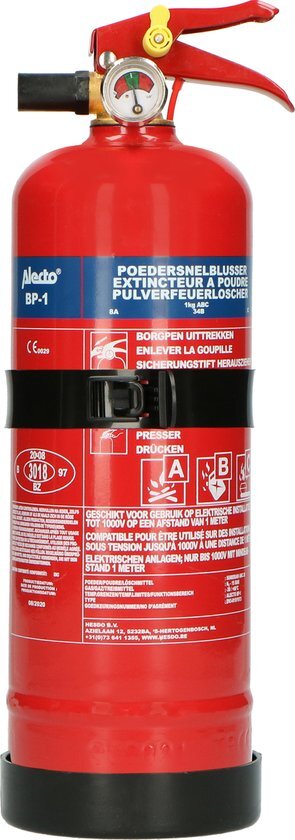 Alecto BP-1 Brandblusser - Poederblusser 1 kilogram - Brandklasse ABC - Inclusief Ophangbeugel