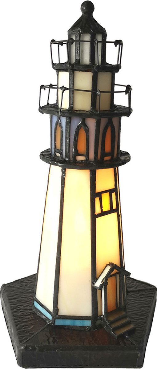 HAES deco - Tiffany Tafellamp Vuurtoren 15x15x25 cm Beige Blauw Glas Tiffany Lampen Nachtlampje Glas in Lood