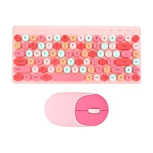 ciciglow Kleurrijke Toetsenbord- en Muiscombinatie, 2.4G USB 86-toetsen Retro Ronde Schattige Keycap 1200DPI Draadloze Toetsenbord- en Muisset voor Computer, Laptop, Pc-desktops, Mac(Roze)