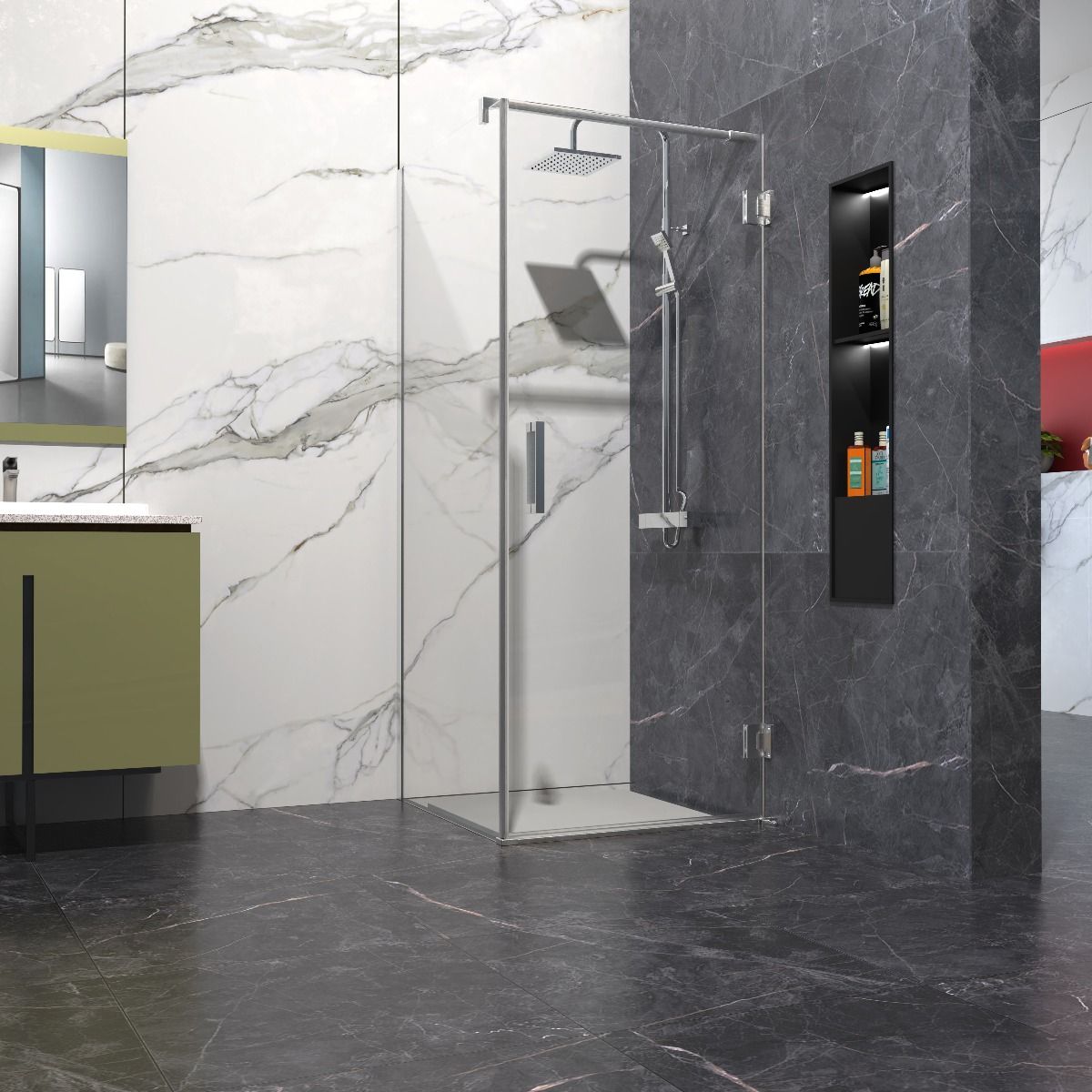 Badkamerplanet Douchecabine 80x70cm Anti-Kalk met profielloze douchedeur 80cm 200cm hoog mat zwart