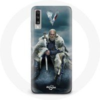 Maniacase Hoesje voor Samsung Galaxy A50 Vikings Series Seizoen 6 Ragnar Lothbrok logo V Zwaard Grijze Mist Achtergrond