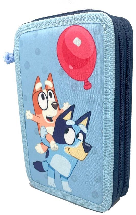 Bluey Dubbel Etui met Rits – Gevulde Tekenset voor Kinderen | 2 Vakken met Schoolspullen | 12,5 x 19,5 x 4,6 cm