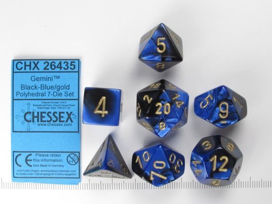 Chessex dobbelstenen set 7 polydice Gemini black-blue w/gold