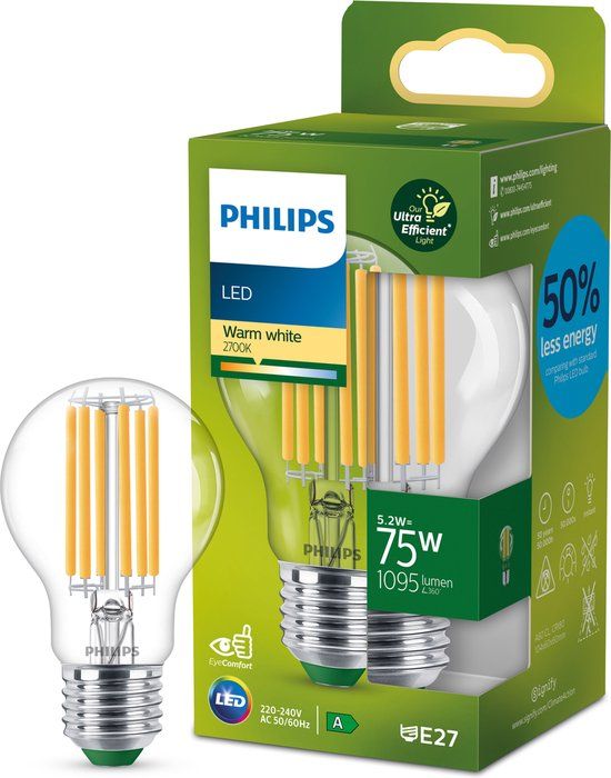 Philips LED Classic E27 - 5.2W - Warm White - 1095 lm - A - Clear