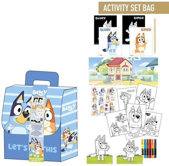 Top1Toys Bluey Activiteitenset in Tas – Kleurplaten, Stickers, Krasplaten en Stiften