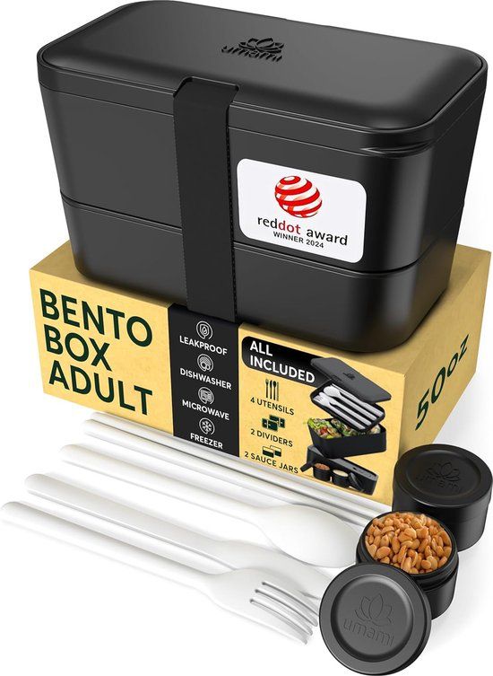 Bento Umami Grote Bento-Box voor Volwassenen - 1500 ML XL – Ruimtebesparend Design, Inclusief Bestekset en Sauspotten, Waterdicht, Magnetron- en Vaatwasserbestendig - Zwart