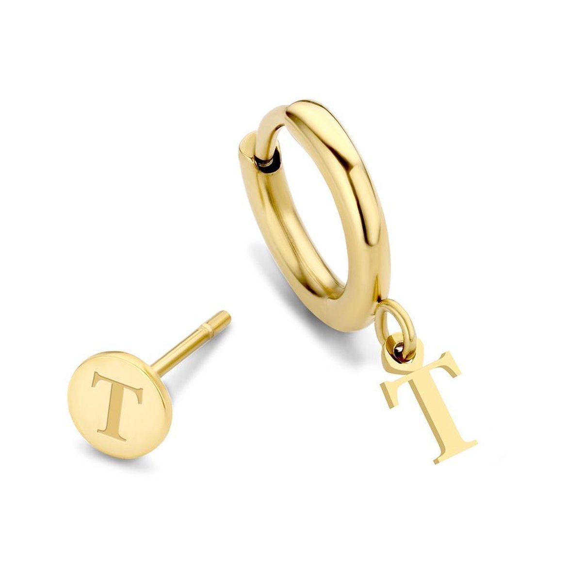 CO88 Collection Alphabet 8CE 70376 Stalen oorknop en oorring - letter T - 6 mm and 12mm - Goudkleurig