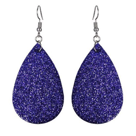 Fako Bijoux® - Donkerblauwe Druppel Oorhangers - Glitter - Kunstleer - Vrouwen