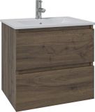 Saniclass Chaci Ensemble de meubles de salle de bain - 80x46x55cm - lavabo en céramique blanc - 1 vasque - 1 trou de robinetterie - 2 tiroirs - noyer mat