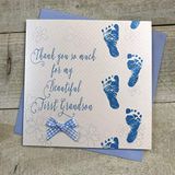 Welkom Witte Katoen Kaarten WB300-MY Welkom bij mijn 1e kleinzoon handgemaakte babykaart - Blauwe voetafdrukken