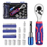 WORKPRO Gereedschapskist, 42 steeksleutelinzetstukken, 1/4 inch, ratelset met schroevendraaier en bits, ratelsleutel met 72 tanden, voor doe-het-zelvers, autoreparatie, dagelijks onderhoud