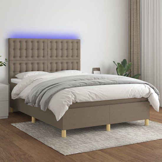 vidaXL Boxspring met matras en LED stof taupe 140x200 cm