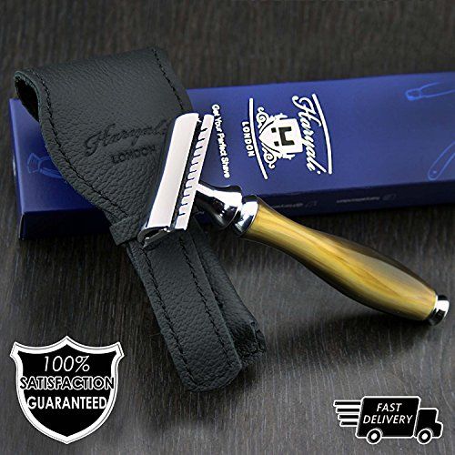 Haryali London Classic DE scheermes voor heren, met hoorn replica handvat en lederen Travel Classic Gentleman Essentials> reisbagage voor hem