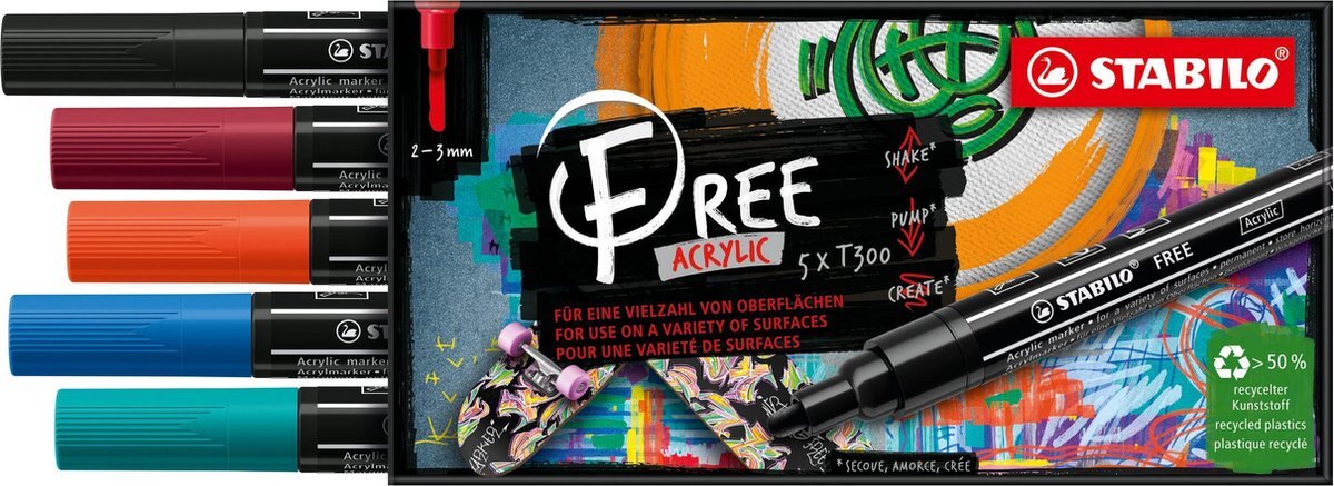 Stabilo FREE - Acryl Marker - T300 - Ronde Punt - 2-3 mm - Set Urban - Met 5 Verschillende Kleuren