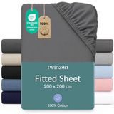 Twinzen hoeslaken 200x200 cm - 100% katoenjersey, antraciet - Oeko-Tex gecertificeerd