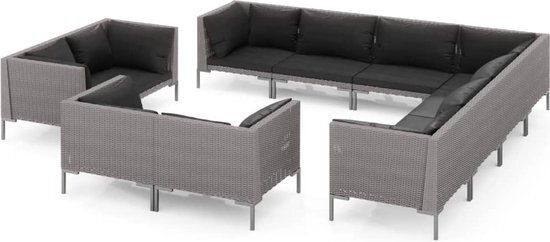 vidaXL 11-delige Loungeset met kussens poly rattan donkergrijs