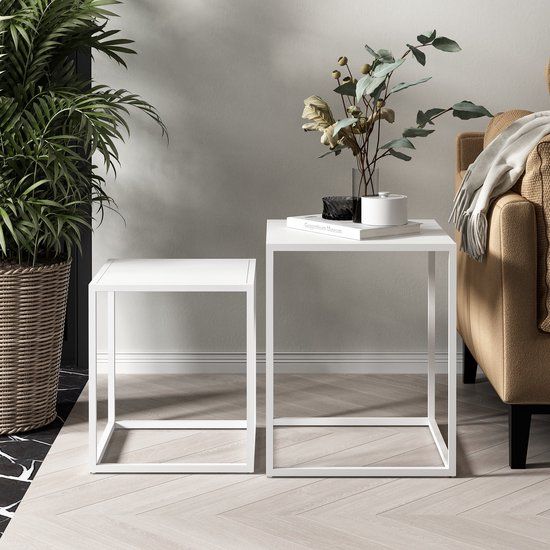 en.casa Bijzettafel Vejen - Set van 2 - Wit Mat - Metaal