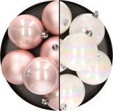 Merkloos / Sans marque Kaemingk B.V. 12x stuks kunststof kerstballen 8 cm mix van lichtroze en parelmoer wit