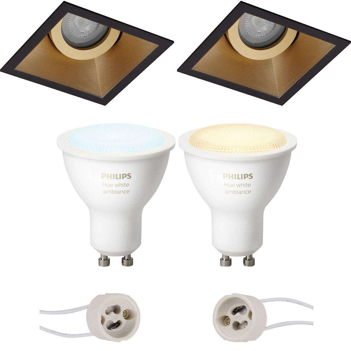 BES LED Pragmi Zano Pro - Inbouw Vierkant - Mat Zwart/Goud - Kantelbaar - 93mm - Philips Hue - LED Spot Set GU10 - White Ambiance - Bluetooth