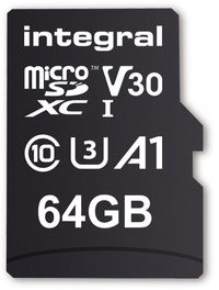 Integral INMSDX64G-100V30 64GB MICRO SD CARD MICROSDXC UHS-1 U3 CL10 V30 A1 UP TO 100MBS READ 45MBS WRITE
