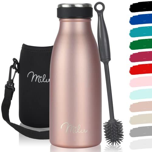 MILU Roestvrijstalen drinkfles, 350 ml, thermosfles voor kinderen en volwassenen, lekvrij, incl. reinigingsborstel (roségoud)