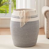 OIAHOMY Geweven touw wasmand, groot, 65 cm hoog, moderne gebogen mand met verlengde handgrepen voor kledingopslag, badkamer, opvouwbaar (wit en lichtgrijs)