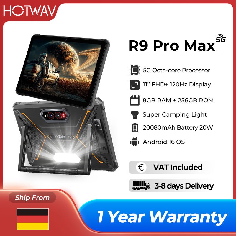 HOTWAV R9 Pro Max 5G Processor Octa-core Robuuste Tablet 8GB RAM/16GB Virtueel 256GB ROM/2TB Uitbreiding 20080mAh Massieve Batterij 20W Snel Opladen Nieuwste Android 16 OS Pad 11'' FHD+ 120Hz Scherm