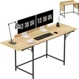 Merkloos / Sans marque Eikenhout + zwart Opklapbare computertafel met 2 uitschuifbare bladen, veel ruimte voor monitoren, metalen poten, robuuste constructie