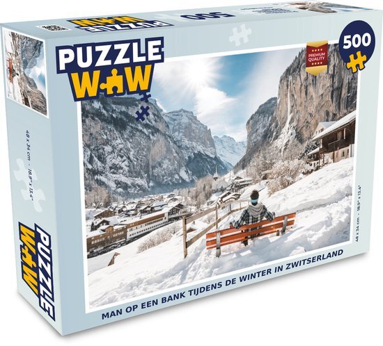 MuchoWow Puzzel Man op een bank tijdens de winter in Zwitserland - Legpuzzel - Puzzel 500 stukjes