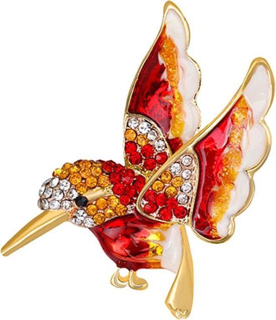 Fako Bijoux® Broche Vogel - 42x41mm - Goudkleurig - Rood - Wit Kristal - Vrouwen