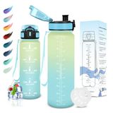 Motswedi Drinkfles, 1 Liter, BPA-Vrij, Sportfles, Lekvrij, Motiverende Waterfles Met Filter, Gebroken & Lichtblauw