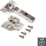 Emuca 1011307 Pack van 20 scharnieren Ø 35 mm 100° met zachte sluiting voor zich overlappende deuren en accessoires voor vastschroeven met verbindingsbehuizing