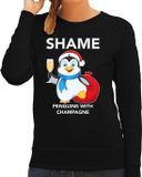Bellatio Decorations Pinguin Kerst sweater / kersttrui Shame penguins with champagne zwart voor dames - Kerstkleding / Christmas outfit XL