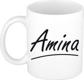 Bellatio Decorations Amina Naam koffiemok - beker - met sierlijke letters - wit