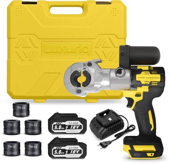 Luxuriq Accu Perstang - Krimptang - Perstang voor persfitting - Incl. 2 accu’s - Perstang Waterleiding - Perstang Henco - Met Persbekken TH16 - TH20 - TH25 - TH26 - TH32 - Hydraulische - Roteerbaar 360 graden