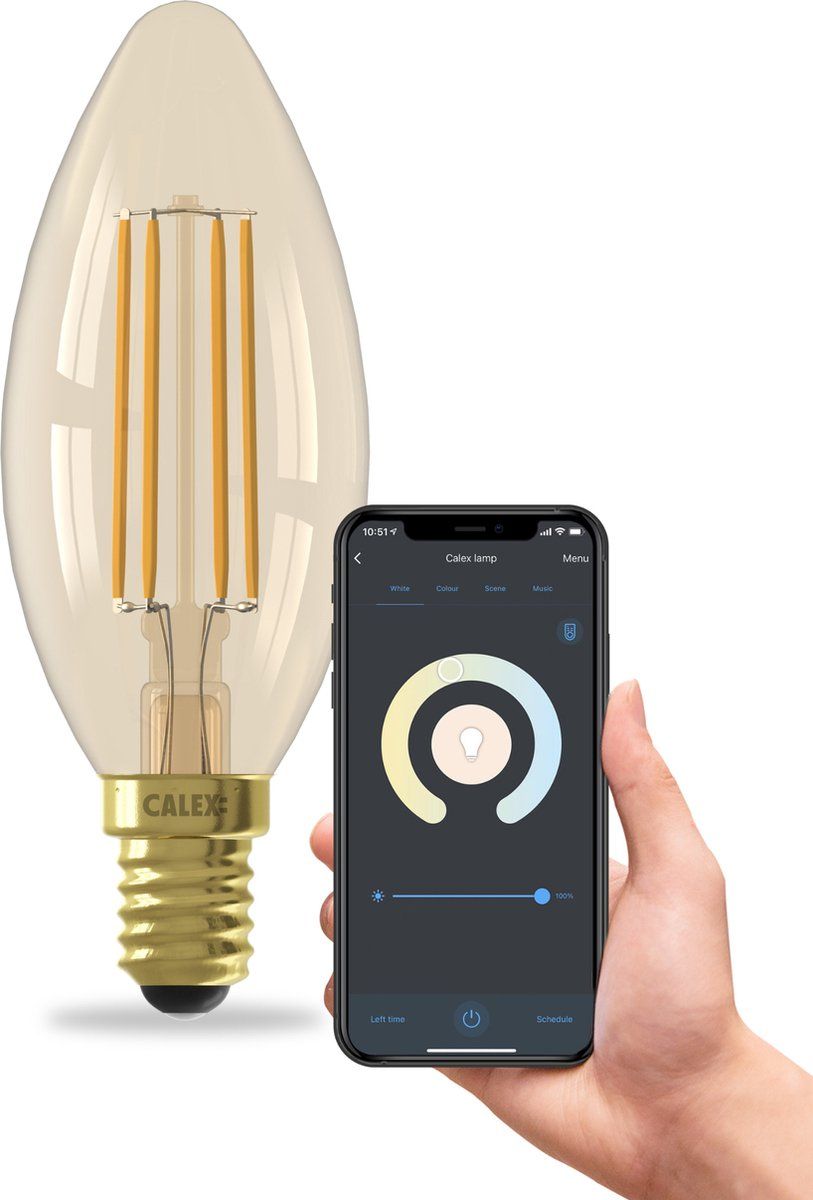 Calex Slimme Lamp - Wifi LED Filament - E14 - Smart Kaars Lichtbron Goud - Dimbaar