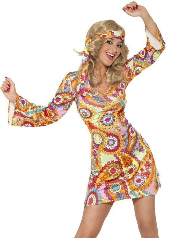 Smiffys Sixties Seventees jurkje - Hippie verkleedkleding voor dames maat 36/38 - kort model