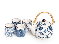 H&H Seta 5-delige set porselein, beker + theepot 500 cc, blauw en wit