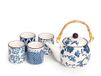 H&H Seta 5-delige set porselein, beker + theepot 500 cc, blauw en wit