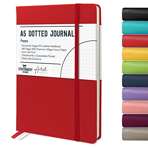 Stationery Island A5 Bullet Dotted dagboek - Klaproos kleur Gestippeld dagboek. Harde Kaft Bullet dot Journal Met 180 Paginas En 120gsm notitieboek. Bullet Journal van hoge kwaliteit Dotted Notebook