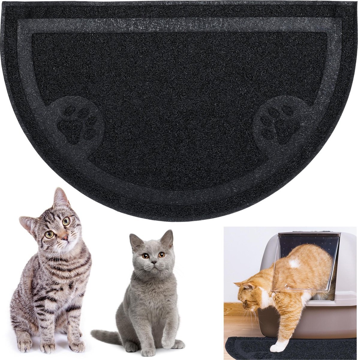 Relaxdays kattenbakmat - antislip- uitloopmat kattenbak - schoonloopmat kat - halfrond zwart zwart